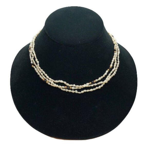 Estate Jewelry - Stunning Vintage 16" Triple Strand Rice Pearl, Black Onyx & 14K Gold Necklace